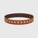 Cognac Faux Leather Hat Band with Silver-Tone Pyramid Studs
