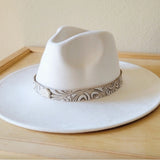 Sandy White Floral Embossed Leather Hat Band with White Turquoise Slab