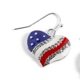 Americana Patriotic Flag USA Dangle Heart Earring Red White Blue Crystal