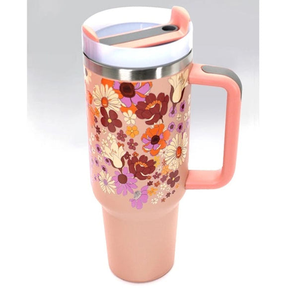 Peach Floral Flowers Cottage Print 40 oz Stainless Steel Insulated Tumbler