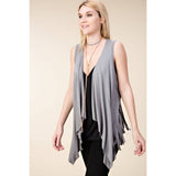 Open Front Draped Vest with Fringe Hem and Bullhead Print in Grey