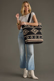 Western Boho Aztec Woven Cotton Shopper Tote Black Taupe Cream Brown Pom Tassel