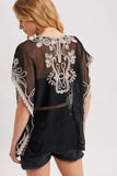 Embroidered Mesh Crochet Top - Black with Ivory Detail