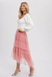 High Low Frilled Tulle Midi Skirt Rose Pink