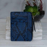 Molly Vegan Leather Snake Print Coin Zipper Tousled Pouch Blue Black