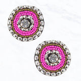 Bead Coin Stud Earrings Fuchsia Hot Pink Silver