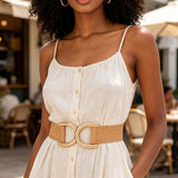 Straw Wide Dual Buckle Elastic Belt - Ivory/Gold