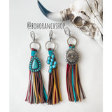 Western Turquoise Brown Tassel Fringe Keychain Round Turquoise Concho