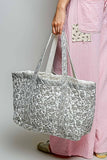 Hand Block-Printed Quilted Floral Tote Bag – Ivory & Grey