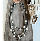 3 Layered Navajo Style Pearl with Star Stone Necklace White