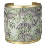 Mint & Grey Floral Embroidered Fabric Cuff Bracelet – Gold Tone