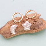 Mismatched Moon & Star Pearl Drop Gold Hoop Earrings