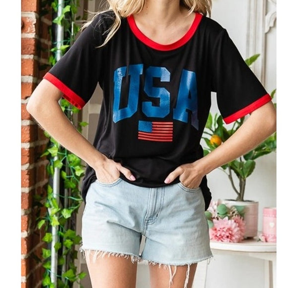 Americana Patriotic Flag Theme USA Short Sleeve Top Black