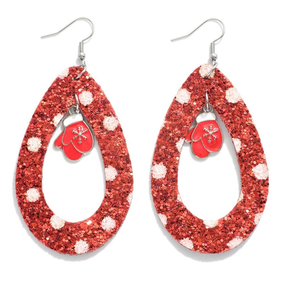 Red Glitter Christmas Teardrop Earrings with Red Enamel Mitten Charms