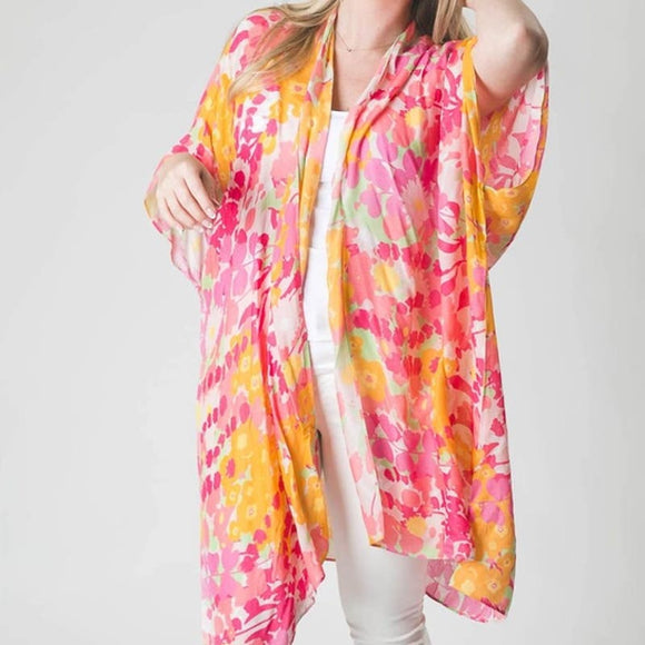 Kari Printed Lightweight Kimono Wrap Shawl Pink Orange Wildflowers