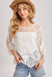 Boho Sheer Crochet Top - 3/4 Sleeve Lace Blouse Ivory