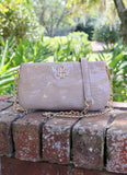 Livi Embossed Crocodile Print Dual Strap Crossbody Taupe Patent