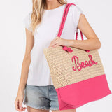 Crochet & Color-Sewn Rope Beach Tote Bag in Hot Pink