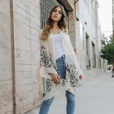 Embroidered Floral Kimono - Long Cream Cardigan