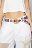 Floral Embroidered Belt – Burgundy & Cream | Round Beaded Buckle | Pol Clothing