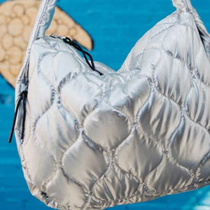 Metallic Silver Wave Quilted Puffer Puffy Tote Bag