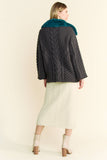 Fluffy Cable Knit Button Front Cardigan with Fuzzy Collar Charcoal Green