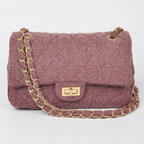 Quilted Denim Shoulder Bag Chain Strap Light Red