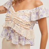Floral Print Ruffle Lace Trimmed Sweetheart Neck Top Violet Combo