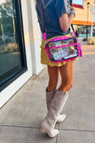 Priscilla Clear Cowhide Crossbody Purse Bag Concert Festival Stadium Pink Silver