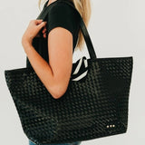 Woven Vegan Leather Organizer Tote Bag | Black