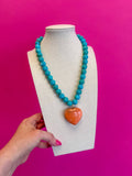 Chunky Bead Heart Pendant Necklace in Turquoise and Orange