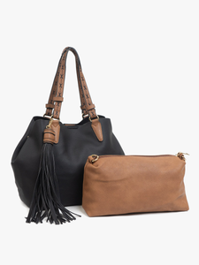 Aliza Large Tassel 2 in 1 Satchel Black with Brown removable Bag