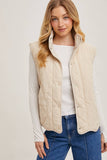 Button Down Quilted Puffer Vest with Pockets Creamy Beige