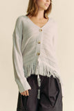Fringed Textured Stripe Button Front Knit Cardigan Silver Grey