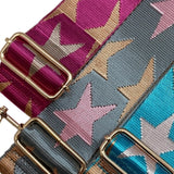 Hot Pink Fuchsia Tan Stars Adjustable Crossbody Bag Purse Guitar Strap Silver