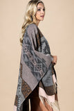 Aztec Leopard Print Fringe Ruana | Cozy Wrap | Gray
