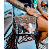 Hand Tooled Leather Clear Purse Crossbody Concert Game Day Brown and Turquoise