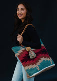 Cotton Wool Woven Teal Burgundy Tan Western Southwestern Aztec Tote