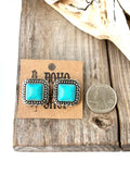 Turquoise Stone Square Stud Earrings — Western Brushed Silver