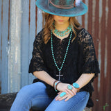 Turquoise Long Beaded Necklace with Antique Copper Cross