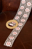 Floral Embroidered Belt – Chocolate & Pink | Round Beaded Buckle | Pol Clothing