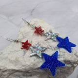 Patriotic Americana Independence Glitter 3 Star Acrylic Dangle Earrings