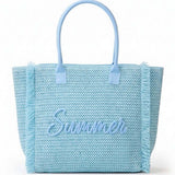 Woven Straw Fringe Tote with Summer Embroidery & Gold Lurex in Blue