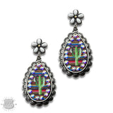 Western Southwestern Serape Crystal Cactus Flower Post Teardrop Earring