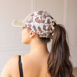 Distressed Light Brown and Brown Cow High Ponytail Hat