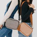 Black White Check Woven Camera Crossbody Bag Adjustable Strap Tassel