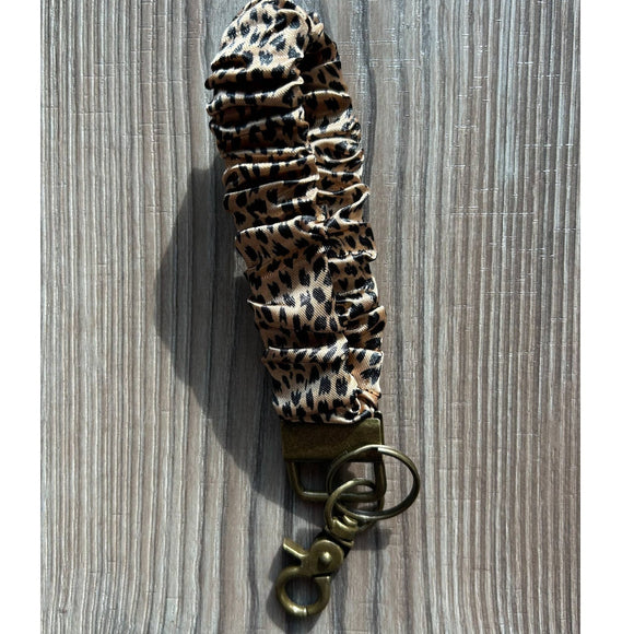 Silky Scrunchie Wristlet Keychain Bag Purse Charm Black and Brown Leopard Print