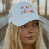 Beach Please Embroidered Graphic Foam Trucker Hat White