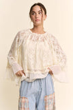 Sheer Floral Lace Bell Sleeve Blouse Cream