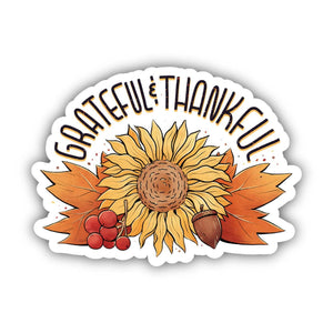 Grateful and Thankful Autumn Leaves and Sunflower Sticker